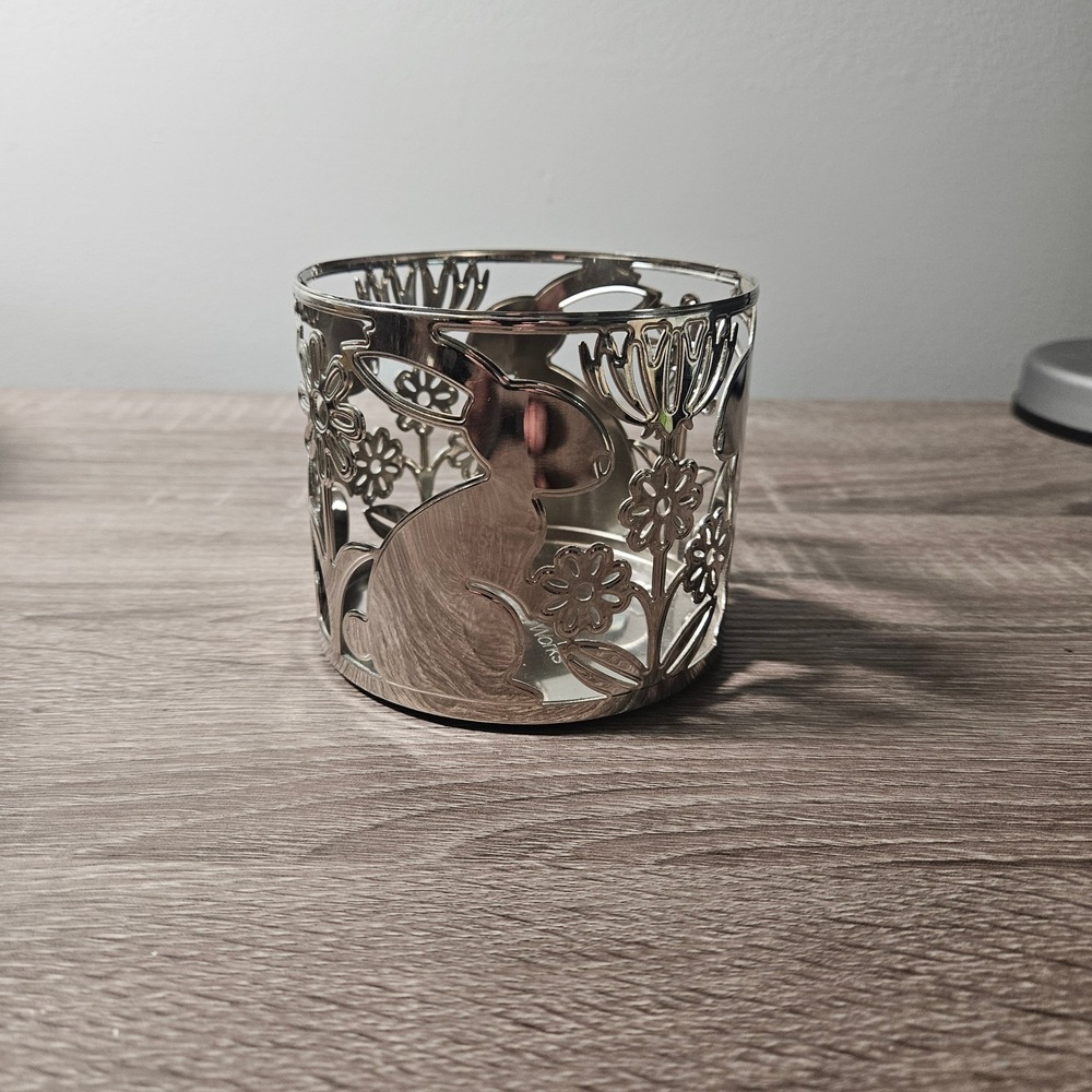 Bath & Body Works Silver Bunny Flower 3-Wick Candle Holder Sleeve Metal 14.5oz